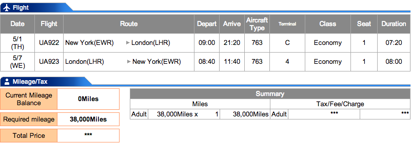 New York-London for only 38,000 points!