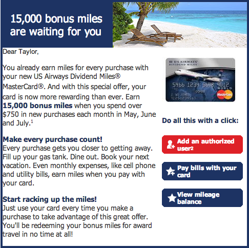 Targeted 15,000 Bonus Point Offer for US Airways MasterCard Holders
