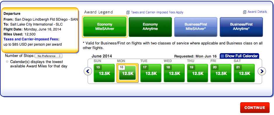 San Diego to Salt Lake City with availability in AA's Economy MileSAAver category