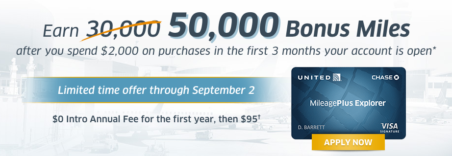 Chase United MileagePlus Explorer Increased Sign Up Bonus: 55,000 Points + $50 Statement Credit
