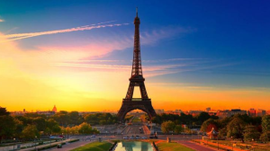Eiffel Tower with a sunset in the background