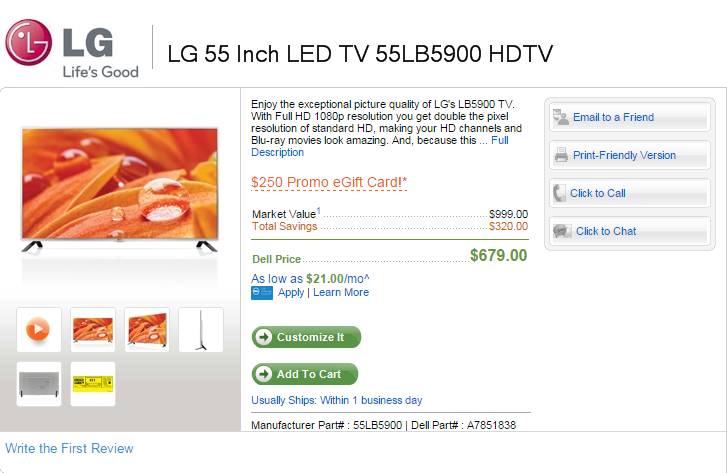 *Cyber Monday* LG 55 Inch LED HDTV for $679 + Free $250 Dell Gift Card!