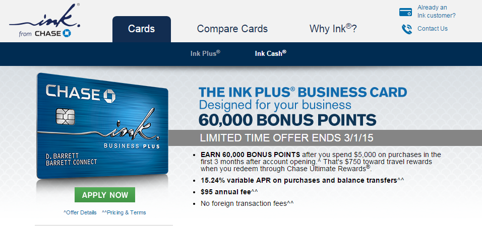 Increased Offer: Chase Ink Plus 60,000 Point Sign Up Bonus!
