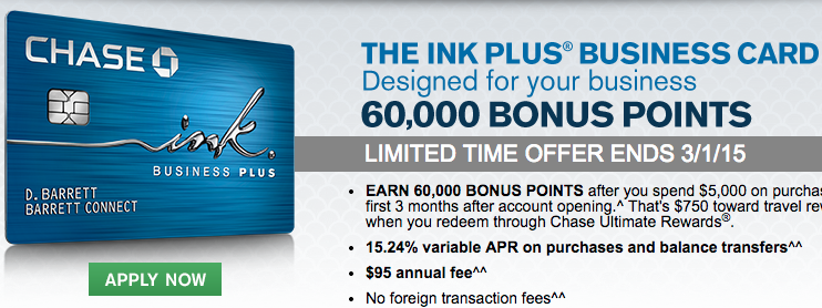 Last Day for Increased Offer: Chase Ink Plus 60,000 Point Sign Up Bonus!