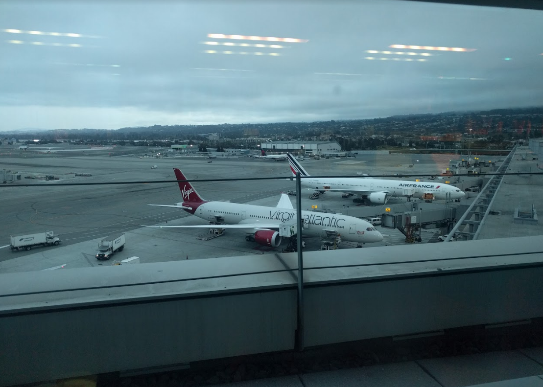 Virgin Atlantic 787 and Air France 777 planes awaiting their long journeys to Europe